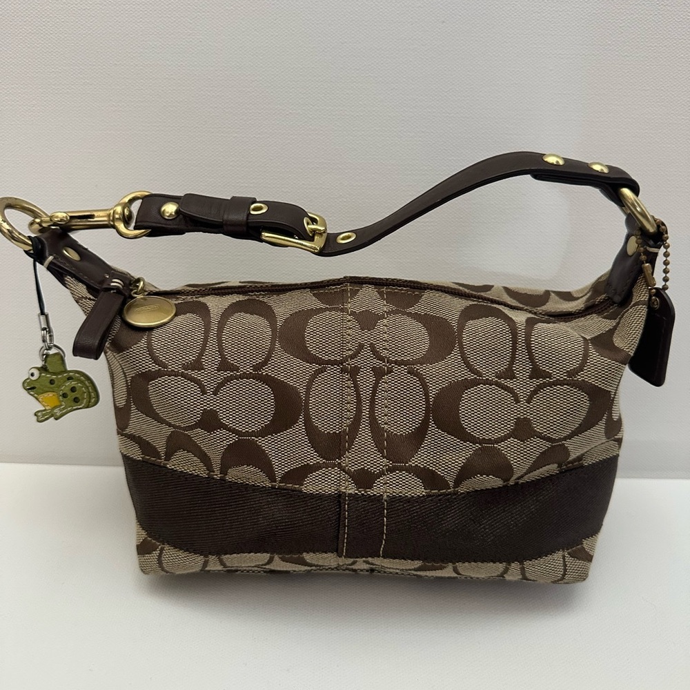 Coach Signature Canvas Shoulder Bag in Brown and Beige with Gold Hardware